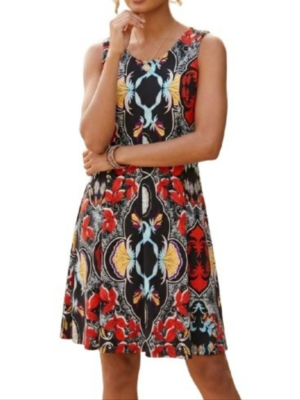Reborn Multicolor Abstract Print Dress Sleeveless Stretch Pleats Scoop Back